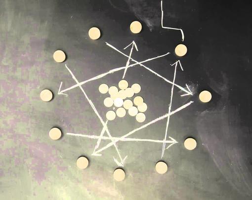 Money laid out on a chalkboard with arrows drawn around the coins.