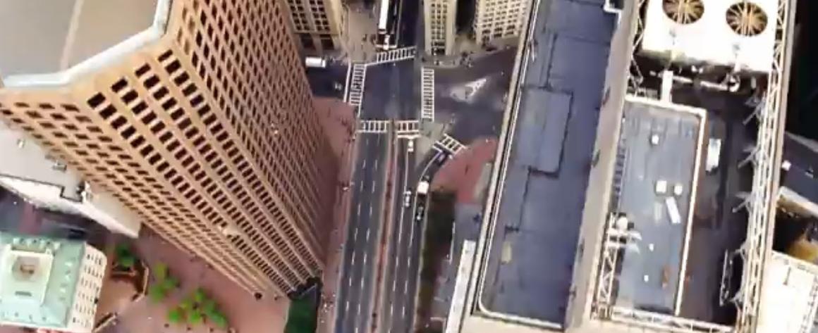 An overhead aerial view of buildings in a city