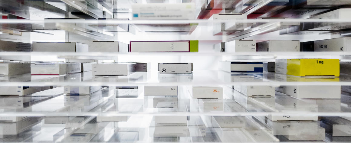 Pharmaceutical products on shelves